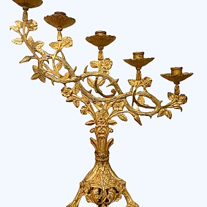 Candelabro da Altare, Lampadario da Chiesa a 5 Luci in Bronzo Dorato