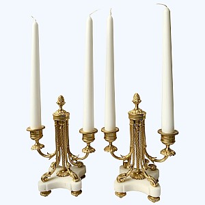 Coppia Di Candelieri Candelabri In Bronzo Dorato Marmo Stile Luigi XVI