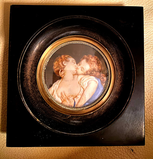  Beautiful miniature on ivory "the kiss" from the 19th century, this charming, torrid work of Fragonard