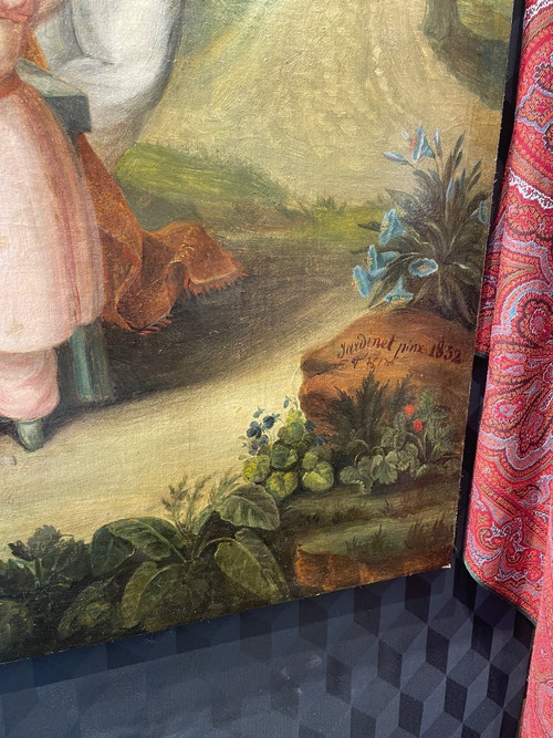 Peinture Sur Toile Scène Familiale Signée Jardinet 1932