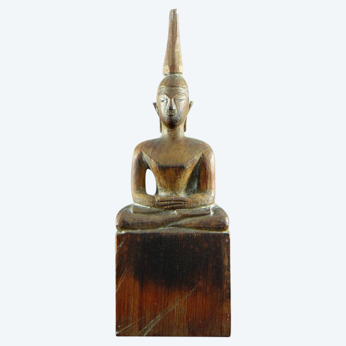 Laos, 1950er Jahre, geschnitzte Holzstatue des Buddha in Dhyana-Mudra-Position.