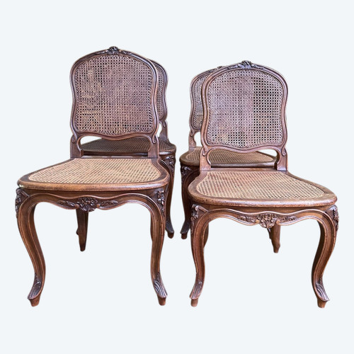 Suite Of 4 Louis XV Style Chairs, walnut and canework