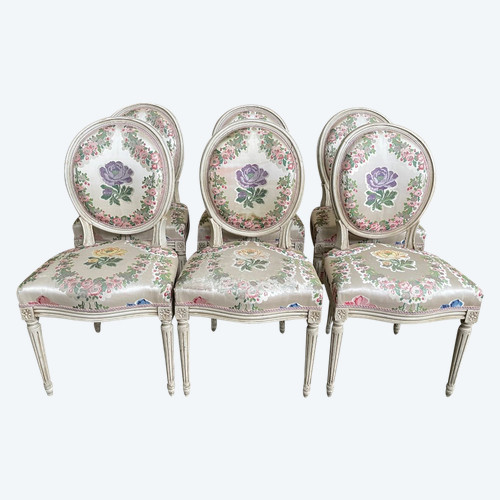 Suite De 6 Chaises Louis XVI Médaillon En Soierie