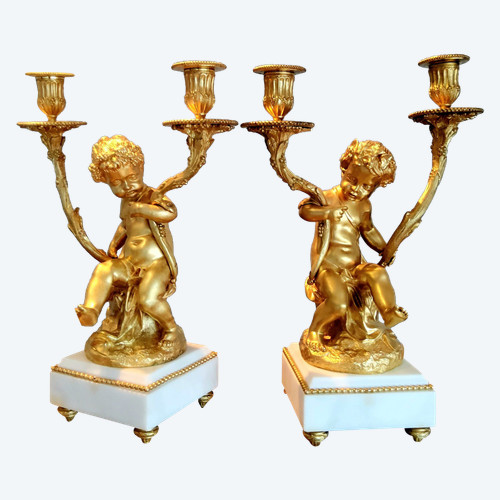 Pair of Candelabra in gilded bronzes Young Bacchus and Bacchante after Clodion Louis XVI Style