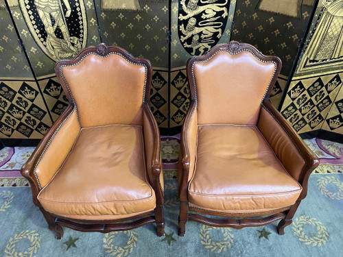 Paire De Bergères Anglaises En Cuir Havane