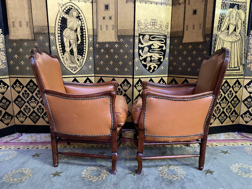 Paire De Bergères Anglaises En Cuir Havane