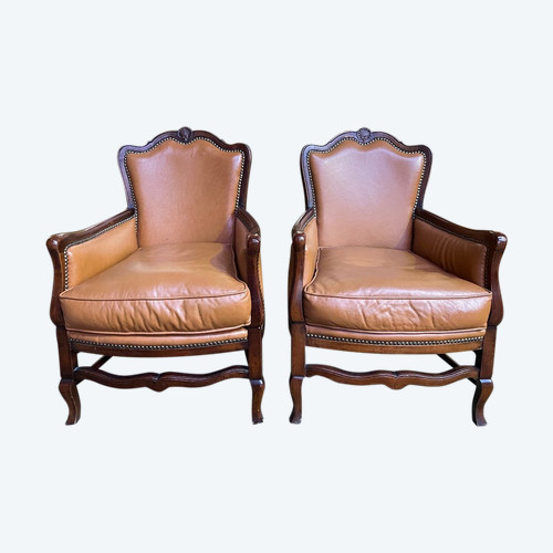 Paire De Bergères Anglaises En Cuir Havane