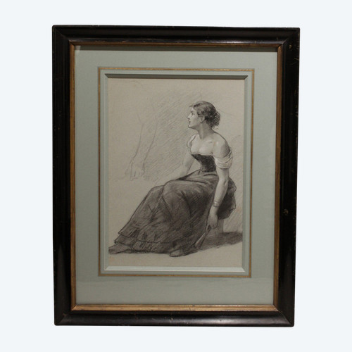 Dessin au fusain et craie blanche 'Femme assise à l'éventail' Victor René Livache (1872-1944)