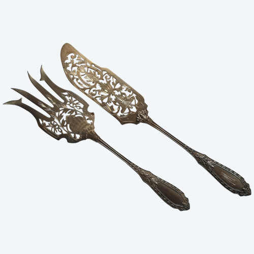 Magnificent cutlery for serving fish in solid silver, goldsmith Emile Bergeron neck brace hallmark