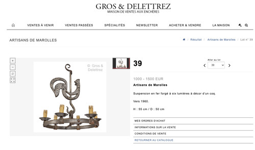 ARTISANS DE MAROLLES Ensemble Lustre et Appliques au coq en fer forgé