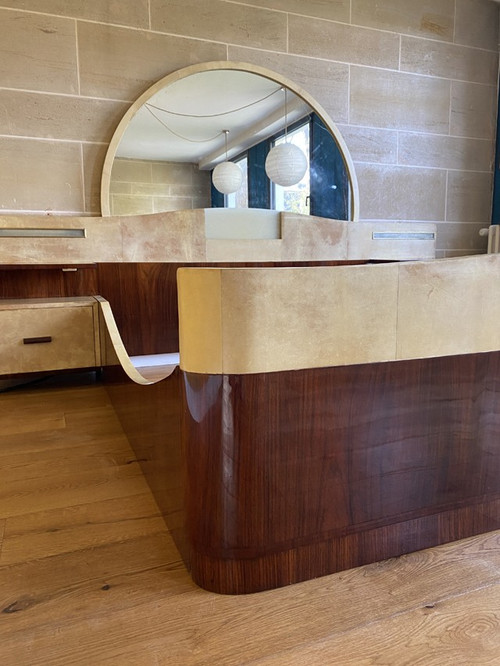 Grande letto con comodini integrati in palissandro e pergamena, Art Déco, XX secolo