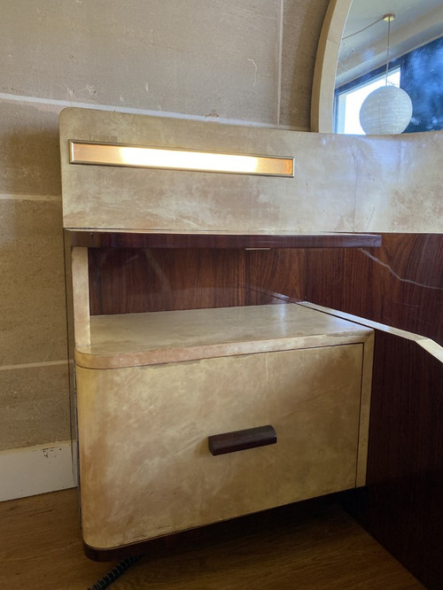 Grande letto con comodini integrati in palissandro e pergamena, Art Déco, XX secolo