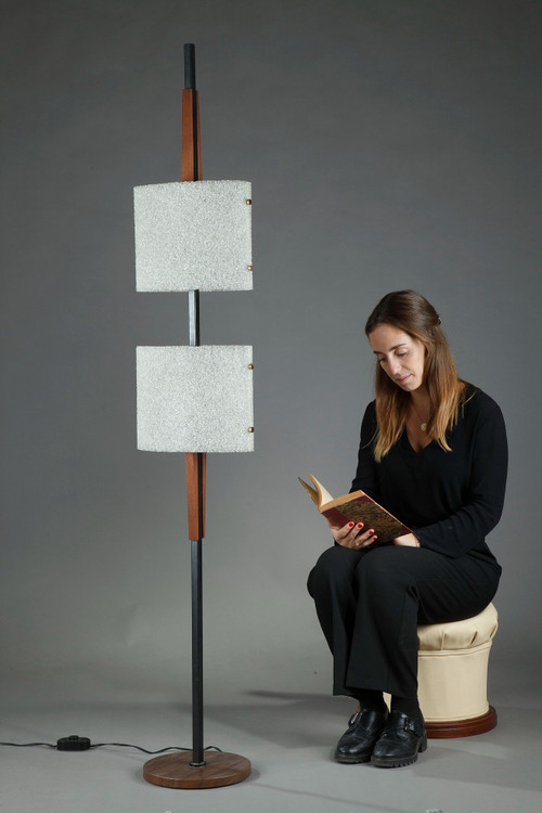 Scandinavian floor lamp in black lacquered steel and teak with two granite perspex diffusers