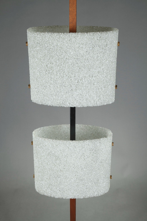 Scandinavian floor lamp in black lacquered steel and teak with two granite perspex diffusers