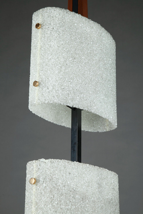 Scandinavian floor lamp in black lacquered steel and teak with two granite perspex diffusers