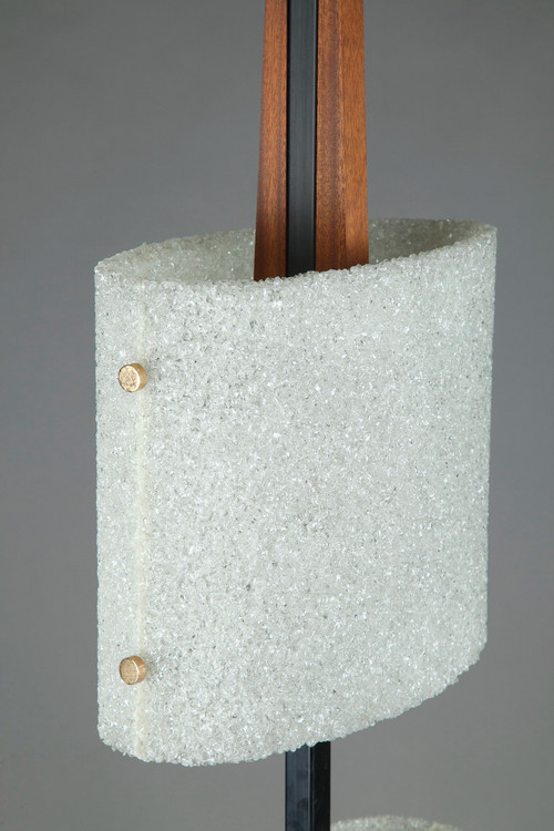 Scandinavian floor lamp in black lacquered steel and teak with two granite perspex diffusers