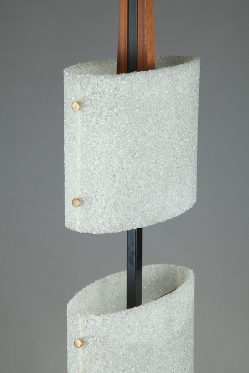Scandinavian floor lamp in black lacquered steel and teak with two granite perspex diffusers