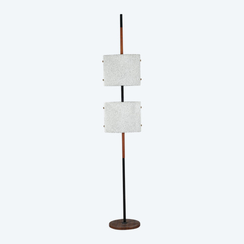 Scandinavian floor lamp in black lacquered steel and teak with two granite perspex diffusers