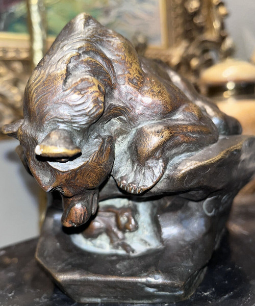 PAILLET Charles (1871-1937) Art Deco Animal Bronze, Bear And Rabbit. Sign