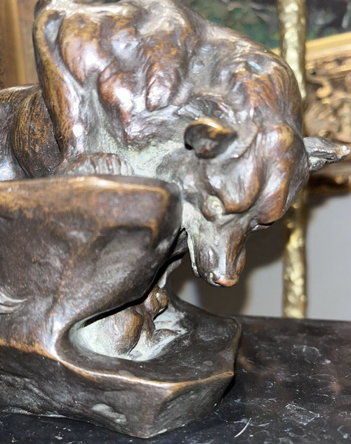 PAILLET Charles (1871-1937) Art Deco Animal Bronze, Bear And Rabbit. Sign
