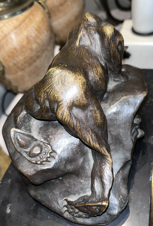 PAILLET Charles (1871-1937) Art Deco Animal Bronze, Bear And Rabbit. Sign