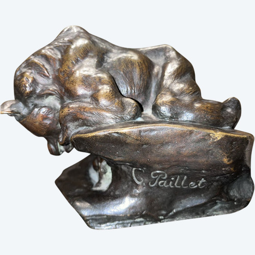 PAILLET Charles (1871-1937) Art Deco Animal Bronze, Bear And Rabbit. Sign