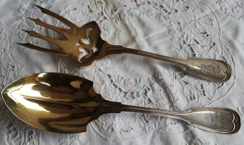 Service à servir le poisson en argent massif 800 (aigle) et vermeil couronne et monogramme ALLEMAGNE