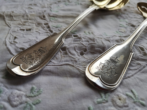 Service à servir le poisson en argent massif 800 (aigle) et vermeil couronne et monogramme ALLEMAGNE