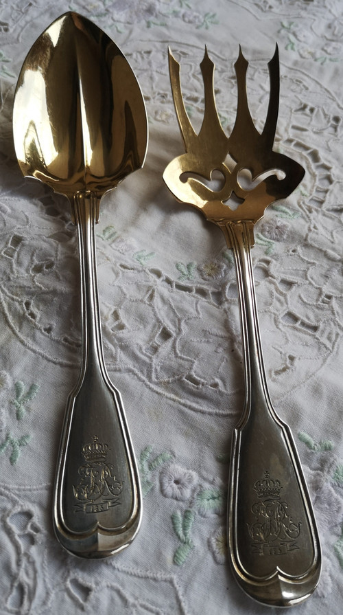 Service à servir le poisson en argent massif 800 (aigle) et vermeil couronne et monogramme ALLEMAGNE