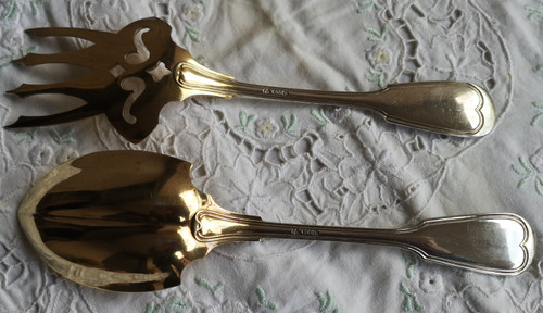 Service à servir le poisson en argent massif 800 (aigle) et vermeil couronne et monogramme ALLEMAGNE