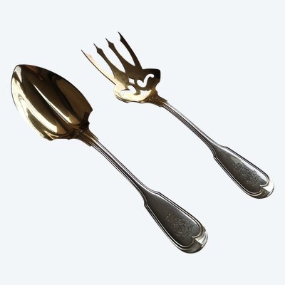 Service à servir le poisson en argent massif 800 (aigle) et vermeil couronne et monogramme ALLEMAGNE