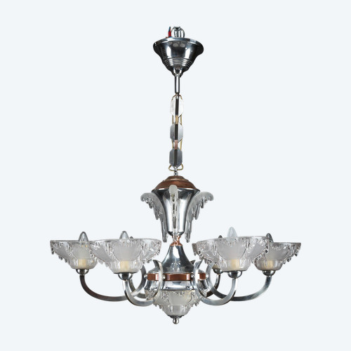 Art Deco chandelier in nickel-plated metal and copper