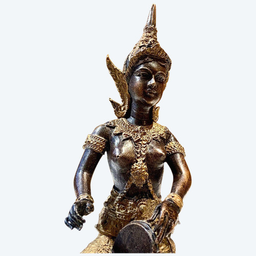 Thailand, Mid-20th Century, Bronze Musician Statue With Dark And Gold Patina.