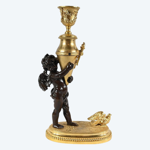 Bronze Candlestick “Blindfolded Love”, signed Ferville Suan – Late 19th century