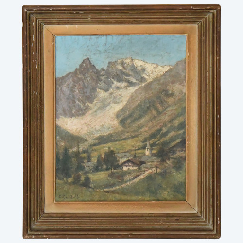 Clément CASTELLI (1870-1959) Olio su tela "Villaggio di Entrèves. Monte Bianco, versante italiano"