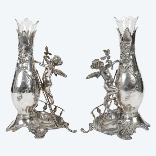A pair of Art Nouveau silver-plated soliflore vases, 20th century period