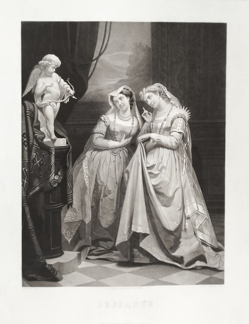 Etching Défiance Large Engraving After Charles Moreau 19th C Old Print