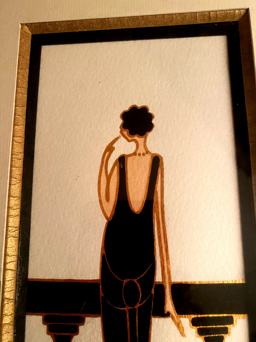 Elegantes schwarzes Abendkleid mit Balustrade in Gouache und Tusche von Laly; 90er Jahre