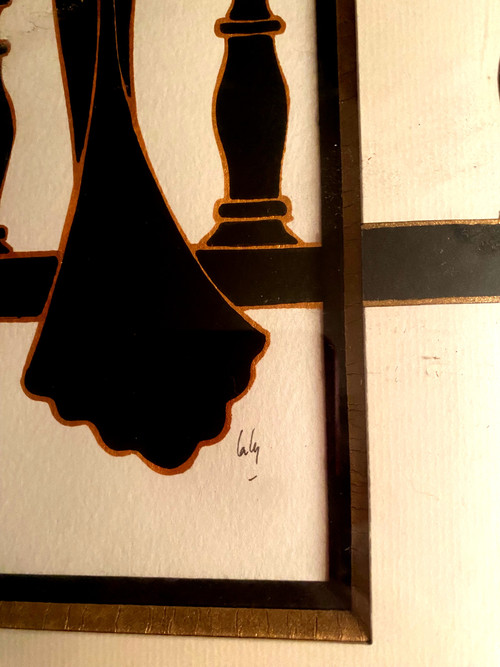 Elegantes schwarzes Abendkleid mit Balustrade in Gouache und Tusche von Laly; 90er Jahre