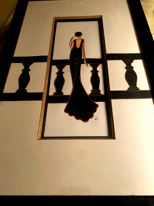 Elegantes schwarzes Abendkleid mit Balustrade in Gouache und Tusche von Laly; 90er Jahre