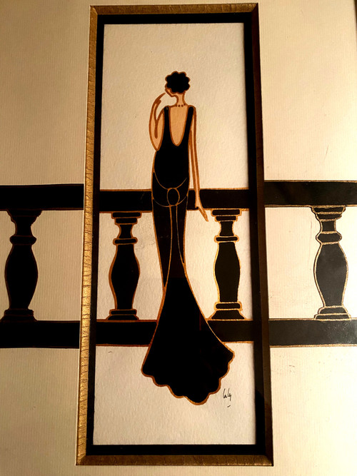 Elegantes schwarzes Abendkleid mit Balustrade in Gouache und Tusche von Laly; 90er Jahre