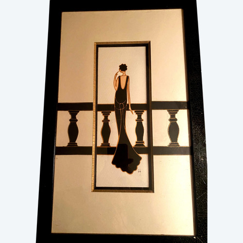 Elegant black evening dress with gouache and Indian ink balustrade by Laly; 90s