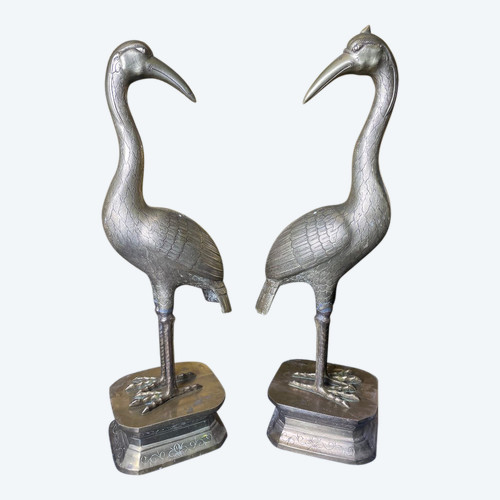 Pair Of Bronze Heron Cranes