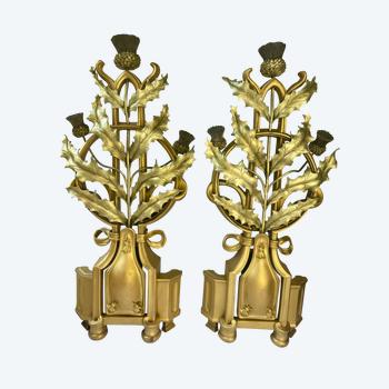 Pair of art nouveau gilt bronze thistle andirons