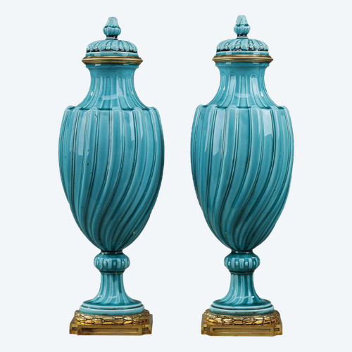 Pair of Louis XVI style covered vases in ceramic 