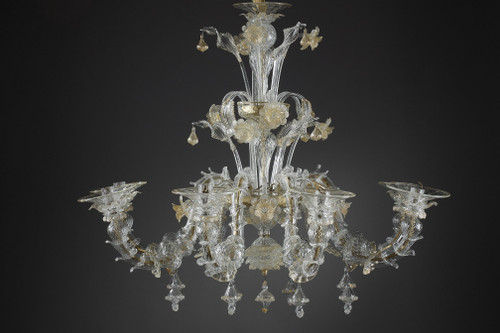 LARGE MURANO GLASS CHANDELIER WITH EIGHT ARMS OF LIGHT DECORATED WITH GOLD 