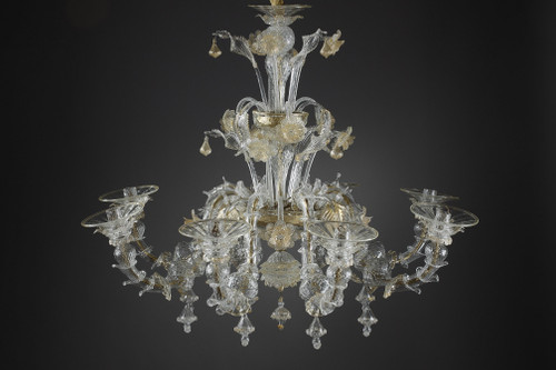 LARGE MURANO GLASS CHANDELIER WITH EIGHT ARMS OF LIGHT DECORATED WITH GOLD 
