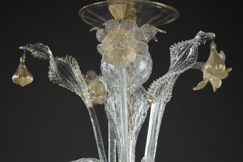 LARGE MURANO GLASS CHANDELIER WITH EIGHT ARMS OF LIGHT DECORATED WITH GOLD 