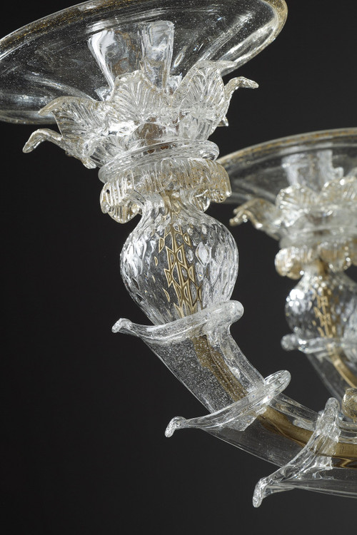LARGE MURANO GLASS CHANDELIER WITH EIGHT ARMS OF LIGHT DECORATED WITH GOLD 