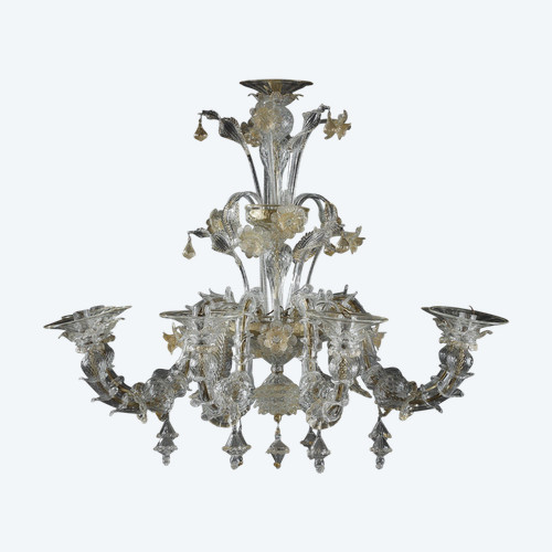 LARGE MURANO GLASS CHANDELIER WITH EIGHT ARMS OF LIGHT DECORATED WITH GOLD 